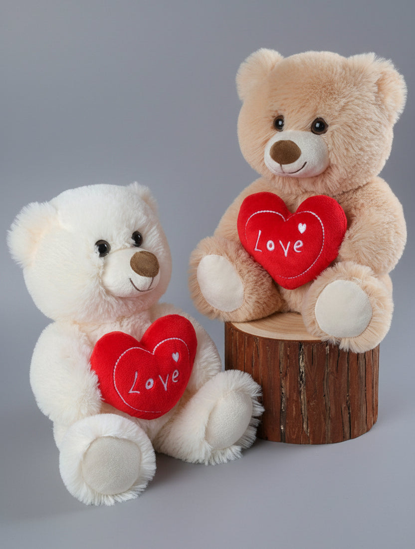 Two teddy bears with red hearts labeled 'Love' on a white background
