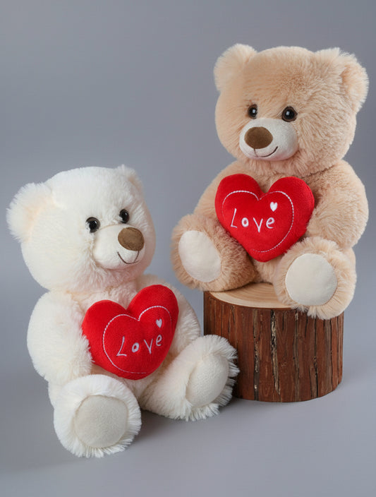 Two teddy bears with red hearts labeled 'Love' on a white background