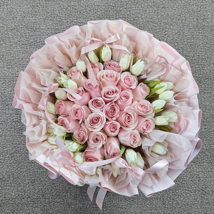 Bouquet of pink roses  and Tulips