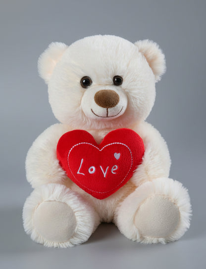 White teddy bear holding a red heart with 'Love' written on it against a white background