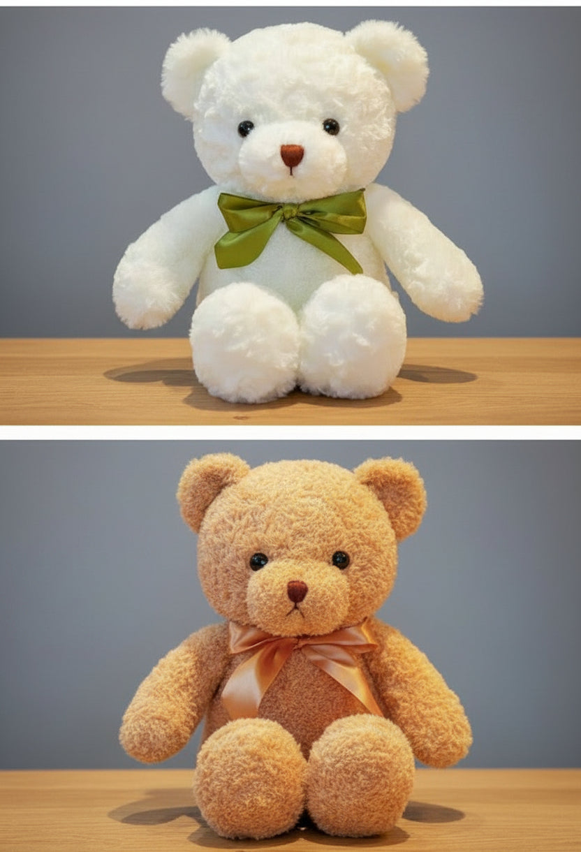 Two teddy bears, one white and one brown.