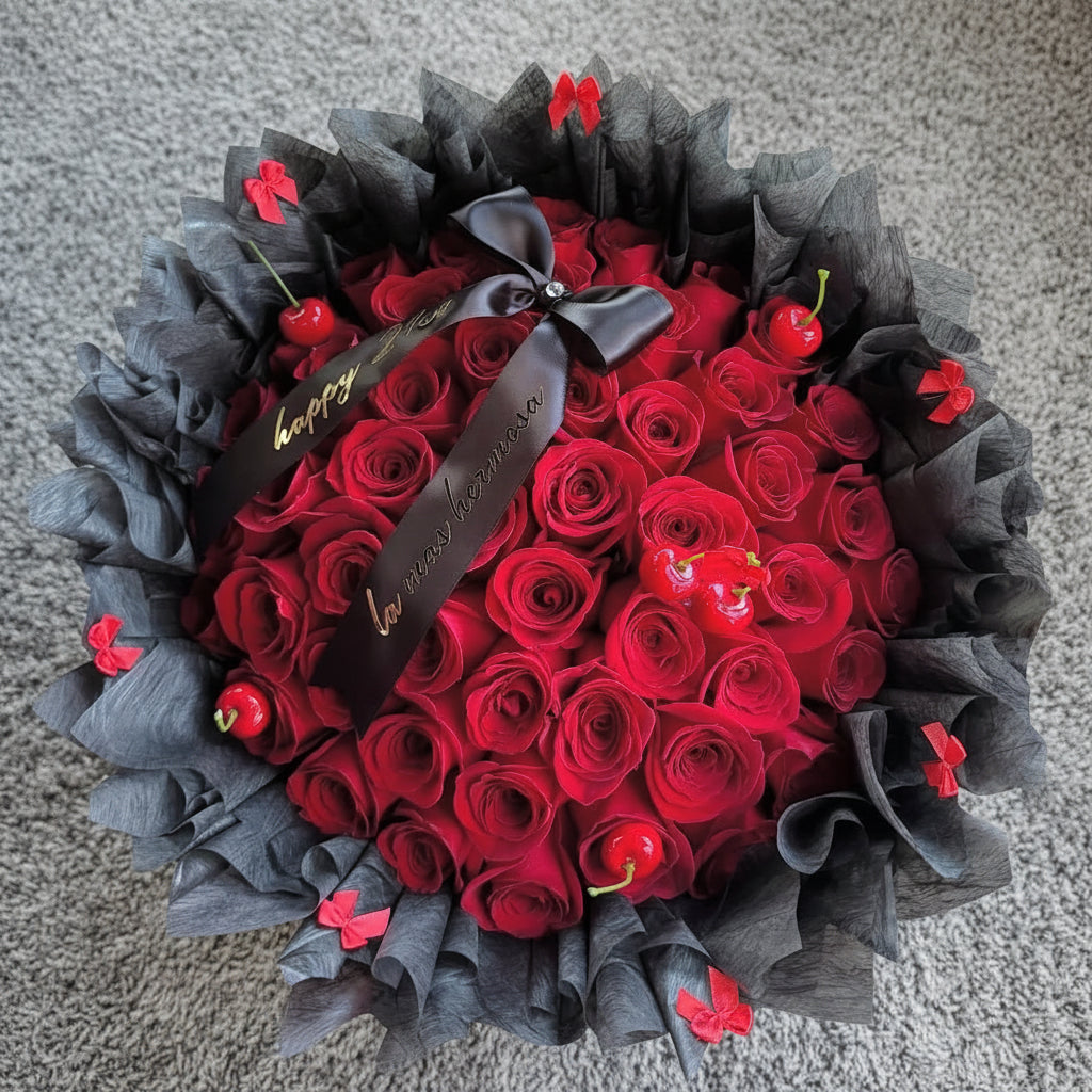 Red rose with black wrapped design 