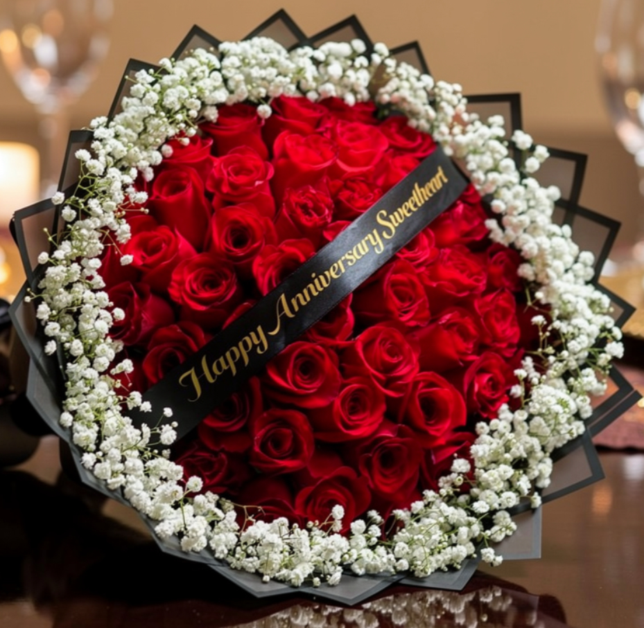 Round arrangement of red roses with baby's breath flowers